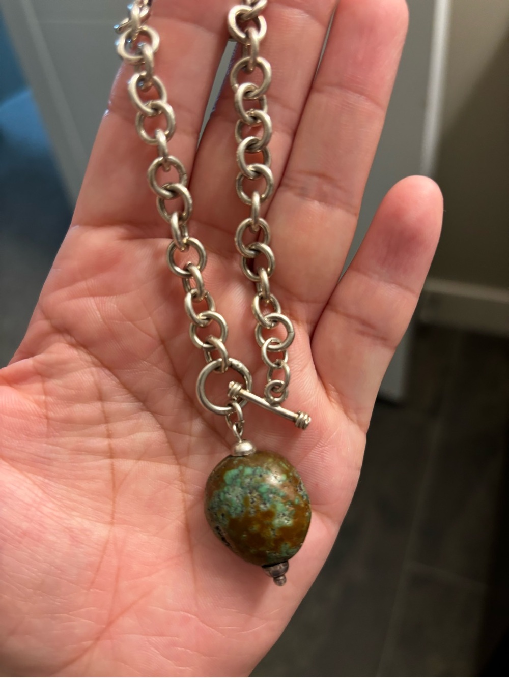 Sterling Silver Chain Necklace with Brown-Green Stone Pendant